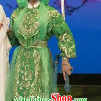 Chinese Cantonese Opera Swordswoman Garment The Fairy Tale of White Snake Costumes and Headdress Traditional Guangdong Opera Martial Female Apparels Xiao Qing Green Dress