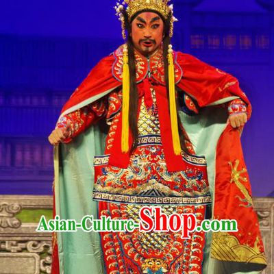 Chinese Guangdong Opera Monarch Red Armor Apparels Costumes and Headpieces Traditional Cantonese Opera King of Wu Garment Duke Fuchai Clothing