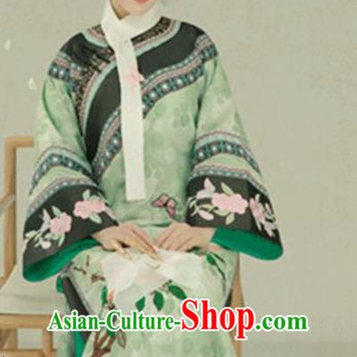 Chinese Traditional Qing Dynasty Manchu Palace Lady Green Hanfu Dress Apparels Ancient Imperial Consort Historical Costumes and Headdress Complete Set