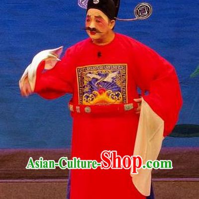 Qian Tang Su Xiaoxiao Chinese Guangdong Opera Magistrate Apparels Costumes and Headpieces Traditional Cantonese Opera Clown Garment Official Red Clothing