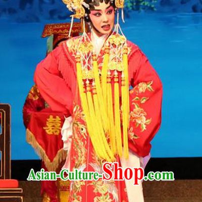 Chinese Cantonese Opera Bride Garment Legend of Lun Wenxu Costumes and Headdress Traditional Guangdong Opera Hua Tan Apparels Wedding Red Dress