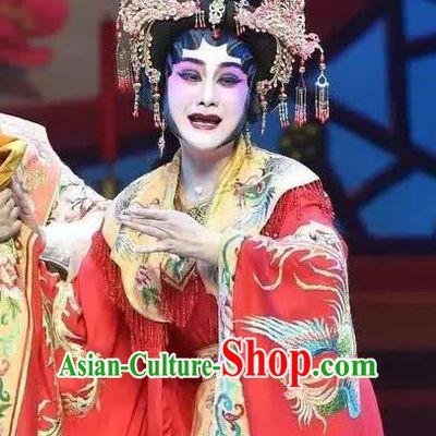 Chinese Cantonese Opera Young Female Garment Southern Tang Emperor Costumes and Headdress Traditional Guangdong Opera Hua Tan Apparels Empress Zhou Red Dress