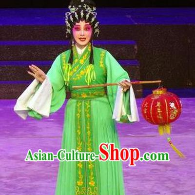 Chinese Cantonese Opera Xiaodan Garment Story of the Violet Hairpin Costumes and Headdress Traditional Guangdong Opera Young Lady Apparels Maidservant Green Dress