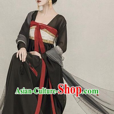 Chinese Traditional Drama Ancient Goddess Black Hanfu Dress Apparels Tang Dynasty Imperial Consort Historical Costumes and Headpieces Complete Set for Women