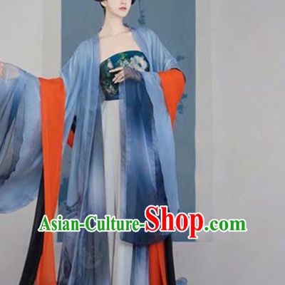 Chinese Traditional Drama Ancient Palace Lady Blue Hanfu Dress Apparels Tang Dynasty Royal Princess Historical Costumes and Headpieces Complete Set