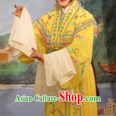 Chinese Cantonese Opera Young Female Garment Hua Tian Ba Xi Hairpin Costumes and Headdress Traditional Guangdong Opera Hua Tan Apparels Rich Lady Yellow Dress