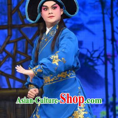 Hun Qian Zhu Ji Xiang Chinese Guangdong Opera Martial Man Apparels Costumes and Headpieces Traditional Cantonese Opera Wusheng Garment Swordsman Blue Clothing