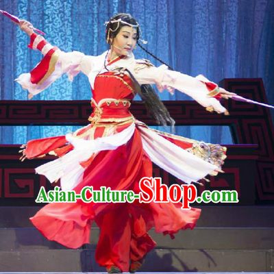 Chinese Cantonese Opera Young Lady Garment Fighting for the Great Tang Empire Costumes and Headdress Traditional Guangdong Opera Swordswoman Apparels Red Dress