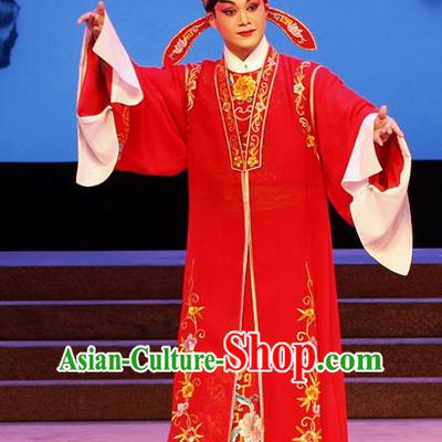 The Lotus Lantern Chinese Guangdong Opera Young Male Apparels Costumes and Headpieces Traditional Cantonese Opera Scholar Liu Yanchang Garment Niche Red Clothing