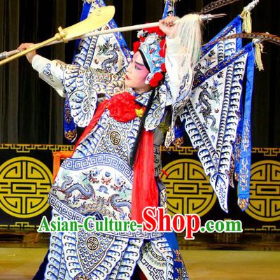 Qi Xing Temple Chinese Sichuan Opera General Apparels Costumes and Headpieces Peking Opera Highlights Wusheng Garment Martial Male Yang Jiye Armor Clothing with Flags