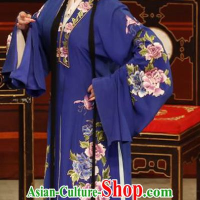 Chinese Cantonese Opera Dame Garment The Lotus Lantern Costumes and Headdress Traditional Guangdong Opera Middle Age Female Apparels Wang Guizhi Blue Dress
