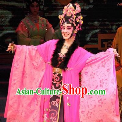 Chinese Cantonese Opera Hua Tan Garment Legend of Er Lang Costumes and Headdress Traditional Guangdong Opera Imperial Consort Da Ji Apparels Diva Rosy Dress