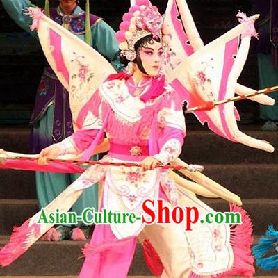 Chinese Cantonese Opera Martial Female Garment Legend of Er Lang Costumes and Headdress Traditional Guangdong Opera Mi Er Apparels Tao Ma Tan Dress with Flags