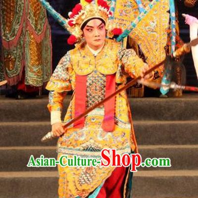 Legend of Er Lang Chinese Guangdong Opera General Armor Apparels Costumes and Headwear Traditional Cantonese Opera Garment Martial Male Kao Clothing with Flags
