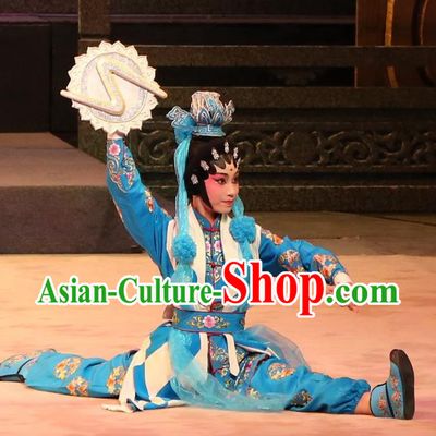 Chinese Cantonese Opera Martial Female Garment Yu Huang Deng Dian Costumes and Headdress Traditional Guangdong Opera Swordswoman Apparels Wudan Blue Dress