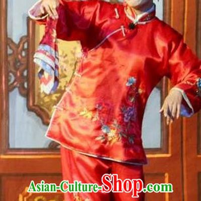 Chinese Cantonese Opera Woman Matchmaker Garment The Mad Monk by the Sea Costumes and Headdress Traditional Guangdong Opera Elderly Female Apparels Red Dress
