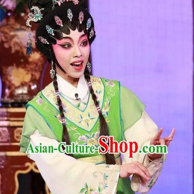 Chinese Cantonese Opera Young Lady Garment The Mad Monk by the Sea Costumes and Headdress Traditional Guangdong Opera Apparels Xiaodan Qiu Chan Green Dress