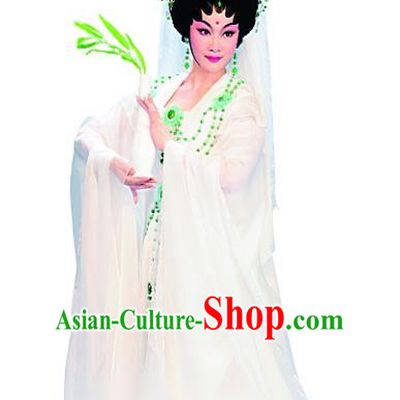 Chinese Cantonese Opera Princess Miaoshan Garment Costumes and Headdress Traditional Guangdong Opera Goddess Apparels Guanyin Bodhisattva Dress