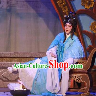Chinese Cantonese Opera Distress Maiden Garment Costumes and Headdress Traditional Guangdong Opera Actress Apparels Diva Lin Daiyu Blue Dress