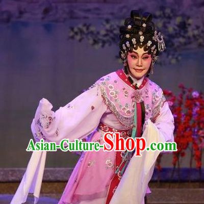 Chinese Cantonese Opera Actress Garment Costumes and Headdress Traditional Guangdong Opera Diva Lin Daiyu Apparels Distress Maiden Pink Dress
