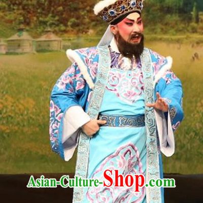 Princess Zhaojun Chinese Guangdong Opera Duke Apparels Costumes and Headwear Traditional Cantonese Opera Lord Garment Xiongnu King Blue Clothing