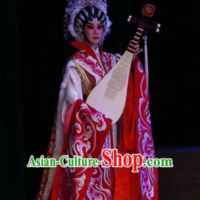 Chinese Cantonese Opera Hua Tan Garment Zhaojun Frontier Song Costumes and Headdress Traditional Guangdong Opera Young Beauty Apparels Queen Red Dress