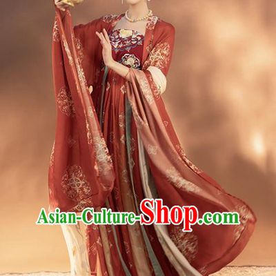 Chinese Traditional Tang Dynasty Court Woman Historical Costumes Ancient Imperial Consort Red Hanfu Dress Apparels Complete Set