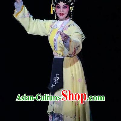Chinese Cantonese Opera Young Beauty Garment Zi Yun Costumes and Headdress Traditional Guangdong Opera Village Girl Apparels Actress Yellow Dress