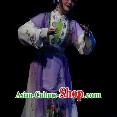 Chinese Cantonese Opera Hua Tan Garment Zi Yun Costumes and Headdress Traditional Guangdong Opera Country Woman Apparels Young Female Purple Dress