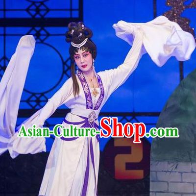 Chinese Cantonese Opera Diva Zhu Yingtai Garment Butterfly Dance Peng Ying Costumes and Headdress Traditional Guangdong Opera Actress Apparels Distress Woman Dress