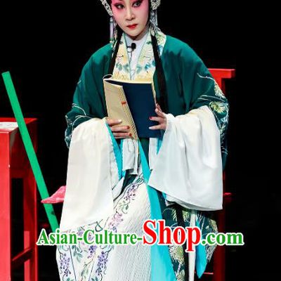 Chinese Cantonese Opera Diva Garment Fu Shi San Sheng Meng Costumes and Headdress Traditional Guangdong Opera Hua Tan Apparels Young Female Green Dress