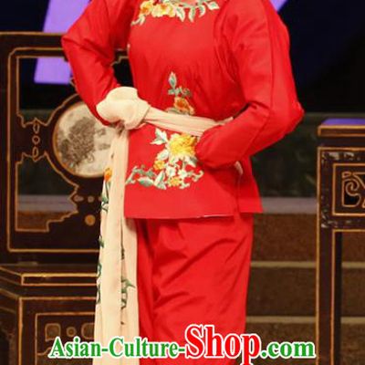 Chinese Cantonese Opera Young Lady Garment Nao Chai Costumes and Headdress Traditional Guangdong Opera Village Girl Apparels Hu Xiaoying Red Dress