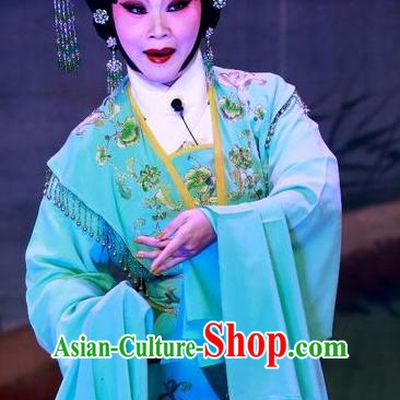 Chinese Cantonese Opera Diva Su Yugui Garment Escape from Banishment Costumes and Headdress Traditional Guangdong Opera Actress Apparels Young Mistress Green Dress