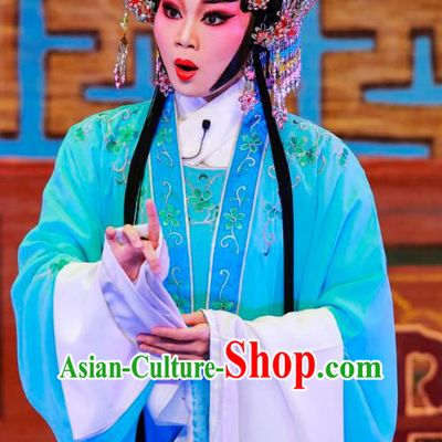 Chinese Cantonese Opera Young Lady Garment San Xiao Yin Yuan Costumes and Headdress Traditional Guangdong Opera Hua Tan Apparels Diva Qiu Xiang Blue Dress