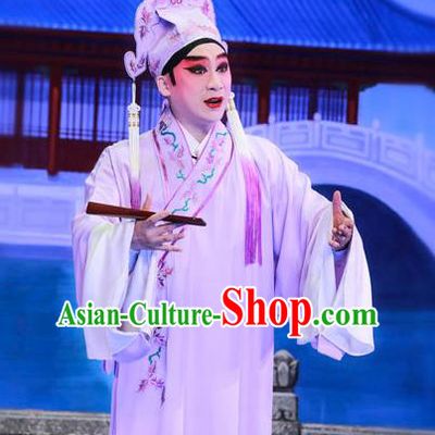 San Xiao Yin Yuan Chinese Guangdong Opera Scholar Tang Bohu Apparels Costumes and Headwear Traditional Cantonese Opera Young Male Garment Gifted Youth Clothing