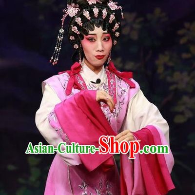 Chinese Cantonese Opera Young Mistress Han Baodie Garment Costumes and Headdress Traditional Guangdong Opera Diva Apparels Hua Tan Pink Dress
