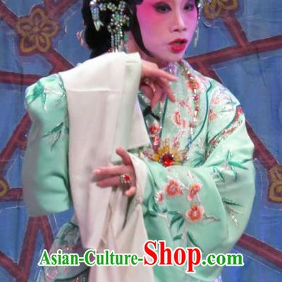 Chinese Cantonese Opera Actress Garment Wu Nv Bai Shou Costumes and Headdress Traditional Guangdong Opera Young Female Apparels Yang Shuangtao Green Dress