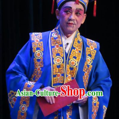 Chinese Guangdong Opera Rich Male Apparels Costumes and Headwear Traditional Cantonese Opera Clown Garment Bully Blue Clothing