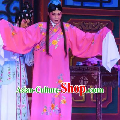 Chinese Guangdong Opera Peddler Apparels Costumes and Headwear Traditional Cantonese Opera Xiaosheng Garment Young Male Zhu Zhong Rosy Robe Clothing