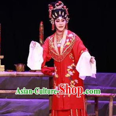 Chinese Cantonese Opera Bride Garment the Legend of Gold Rice Costumes and Headdress Traditional Guangdong Opera Young Female Apparels Diva Shi Hua Red Dress