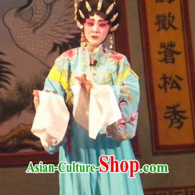 Chinese Cantonese Opera Queen Garment Wu Suo Dong Gong Costumes and Headdress Traditional Guangdong Opera Actress Apparels Empress Blue Dress