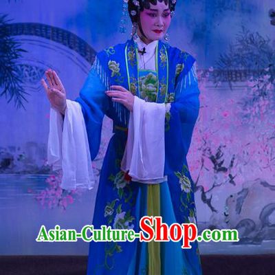 Chinese Cantonese Opera Young Female Garment Wu Suo Dong Gong Costumes and Headdress Traditional Guangdong Opera Princess Apparels Actress Blue Dress
