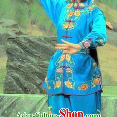 Chinese Cantonese Opera Martial Female Garment The Sword Costumes and Headdress Traditional Guangdong Opera Swordswoman Apparels Wudan Blue Dress