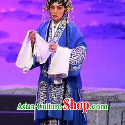 Chinese Cantonese Opera Rich Dame Garment Feng Guan Meng Costumes and Headdress Traditional Guangdong Opera Actress Apparels Mistress Blue Dress