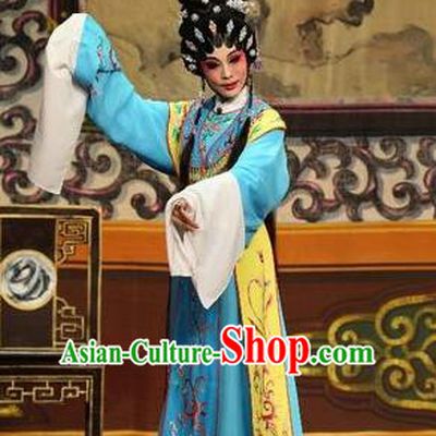 Chinese Cantonese Opera Young Beauty Garment Feng Guan Meng Costumes and Headdress Traditional Guangdong Opera Diva Li Chunniang Apparels Actress Blue Dress