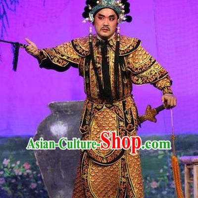 Feng Guan Meng Chinese Guangdong Opera General Apparels Costumes and Headwear Traditional Cantonese Opera Martial Male Garment Wusheng Armor Clothing