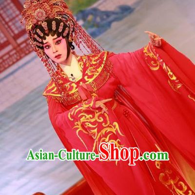 Chinese Cantonese Opera Bride Garment Wu Suo Dong Gong Costumes and Headdress Traditional Guangdong Opera Young Female Apparels Actress Wei Peiniang Red Dress