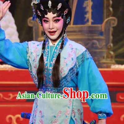 Chinese Cantonese Opera Martial Female Garment San Kan Yu Mei Costumes and Headdress Traditional Guangdong Opera Swordswoman Apparels Wudan Liu Jinding Dress