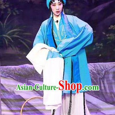 Chinese Cantonese Opera Country Woman Garment Costumes and Headdress Traditional Guangdong Opera Actress Apparels Young Female Blue Dress