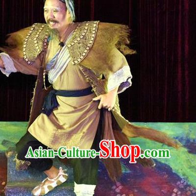 Dan Jia Nv Chinese Guangdong Opera Fisher Apparels Costumes and Headwear Traditional Cantonese Opera Elderly Male Garment Straw Rain Cape Clothing